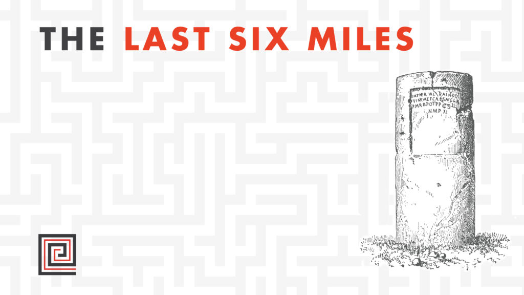 Blog title on a grey and white maze patterned background; antique engraved image of a milestone