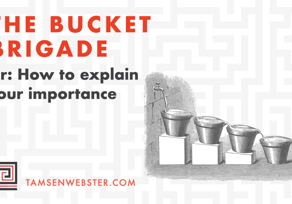 Gray and white image of a series of stepped buckets emptying into each other. Text reads "The Bucket Brigade, or: How to explain your importance